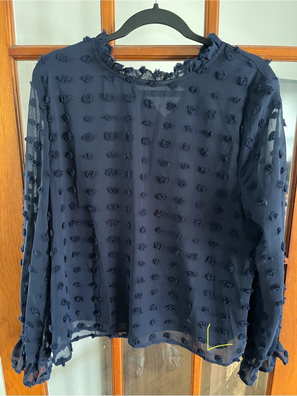 She + Sky Navy Textured Dot Ruffle Neck Long-Sleeve Blouse